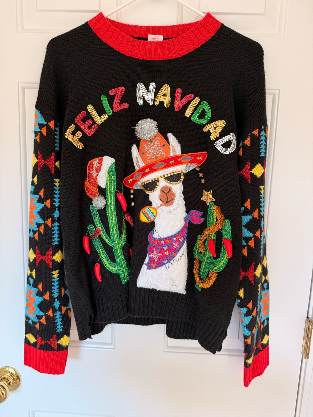 Holiday Time Black Feliz Navidad Llama Sweater with Red Trim